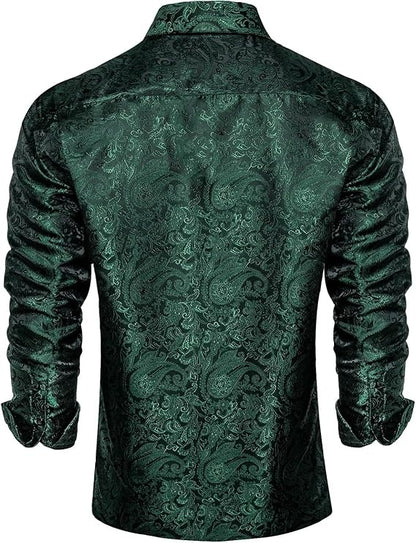 Men's Silk Paisley Dress Shirts,Emerald Green Paisley