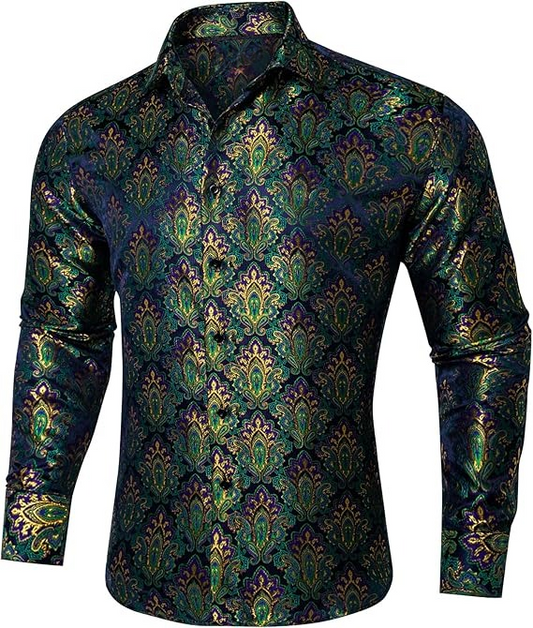Men's Silk Paisley Dress Shirts,Green Gold