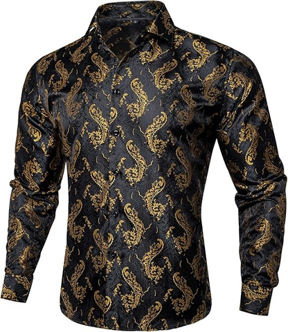 Men's Silk Paisley Dress Shirts,Black Gold