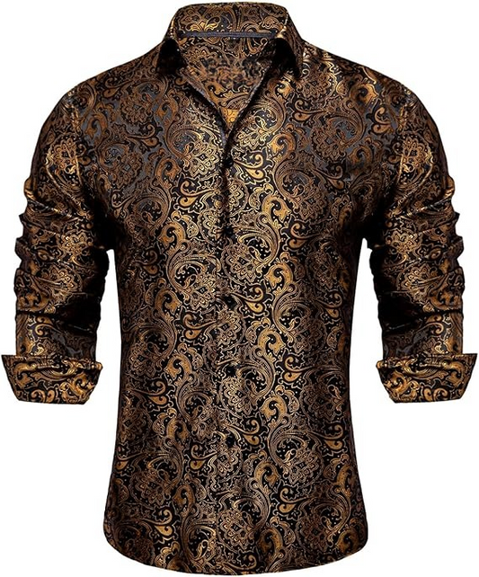 Men's Silk Paisley Dress Shirts,Paisley Gold/Black