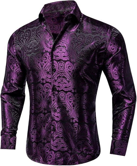 Men's Silk Paisley Dress Shirts,Plum Purple Paisley