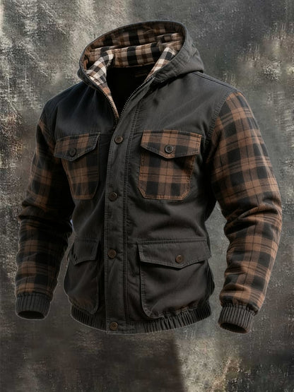 Men's Windproof, Warm And Cold-Resistant Checkered Patchwork Color-Blocking Hooded Jacket