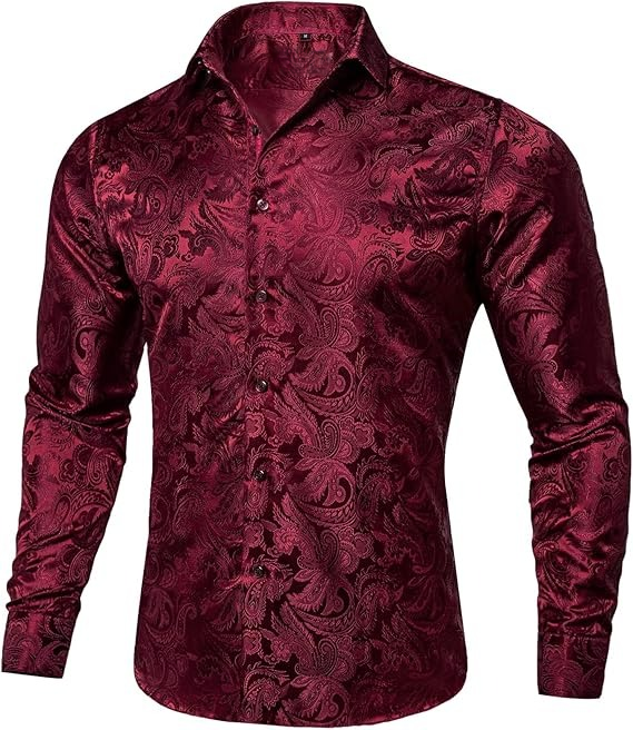 Men's Silk Paisley Dress Shirts,Burgundy Paisley