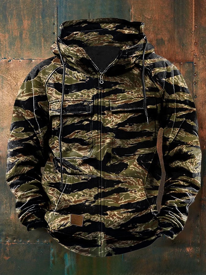 Men's Vintage Western Print Multi-Pocket Jacket