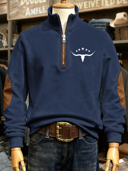 Men's Retro Western Cow Head Print Casual Zipper Sweatshirt