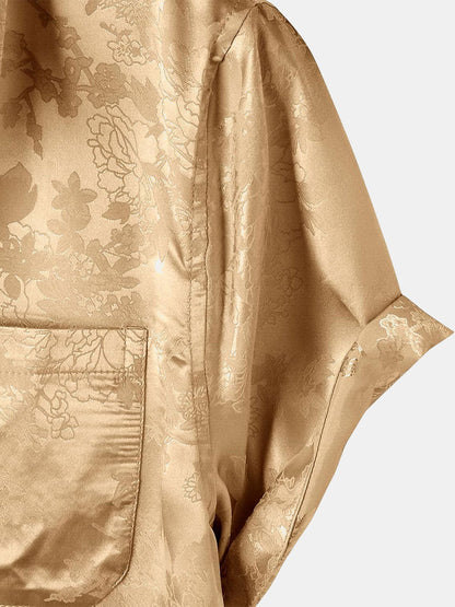 Men's Floral Jacquard Pocket Silky Satin Short Sleeve Shirt