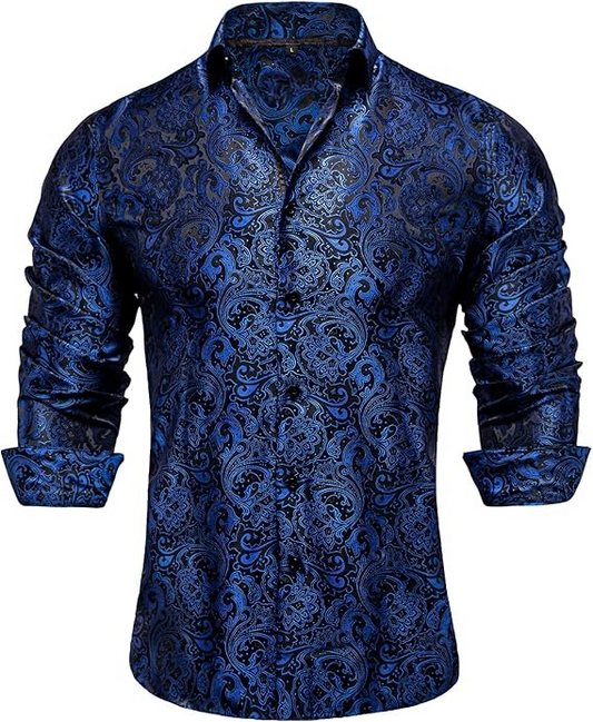 Men's Silk Paisley Dress Shirts,Blue