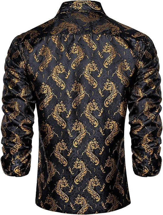 Men's Silk Paisley Dress Shirts,Black Gold
