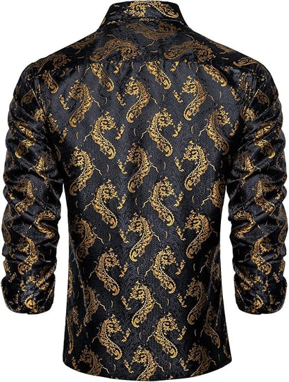 Men's Silk Paisley Dress Shirts,Black Gold