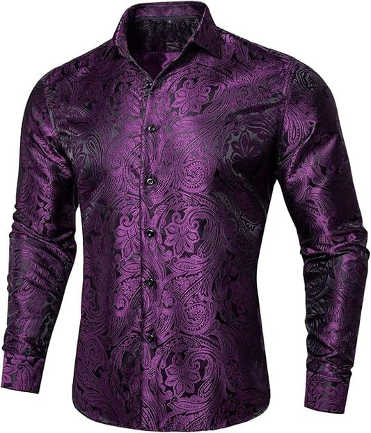 Men's Silk Paisley Dress Shirts,Black Purple Paisley
