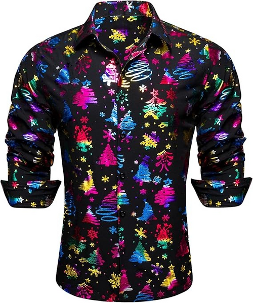 Men's Christmas Dress Shirts Long Sleeve Luxury Shiny Shirt