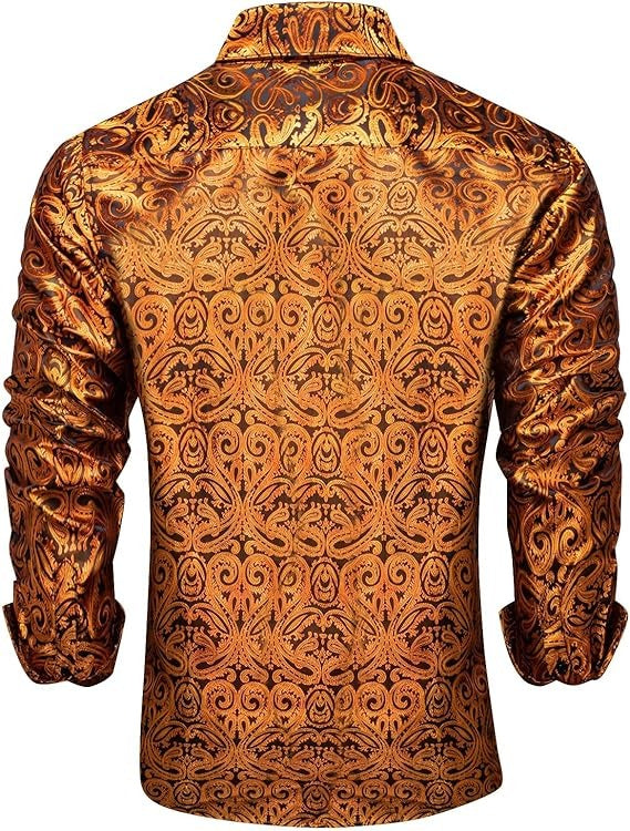 Men's Silk Paisley Dress Shirts,Burnt Orange Paisley