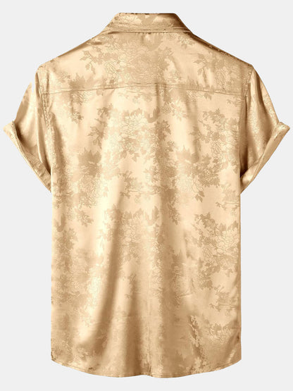 Men's Floral Jacquard Pocket Silky Satin Short Sleeve Shirt