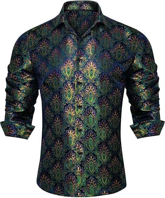 Men's Silk Paisley Dress Shirts,Green Gold