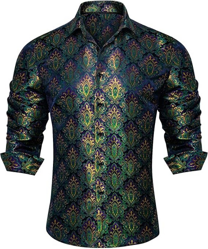 Men's Silk Paisley Dress Shirts,Green Gold