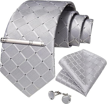 Men's Solid Color Tie and Pocket Square Set,Silver Grey Paisley