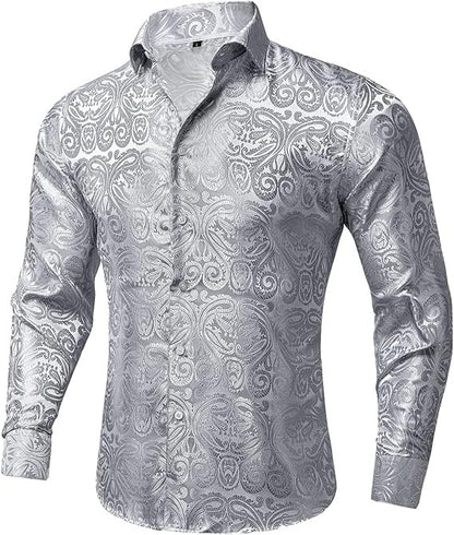 Men's Silk Paisley Dress Shirts,Solid Silver