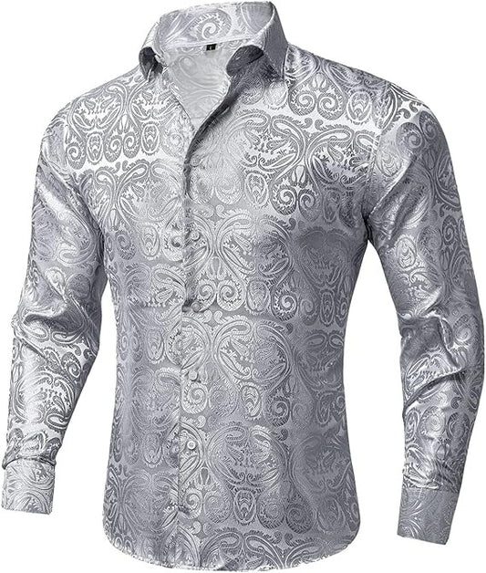 Men's Silk Paisley Dress Shirts,Solid Silver