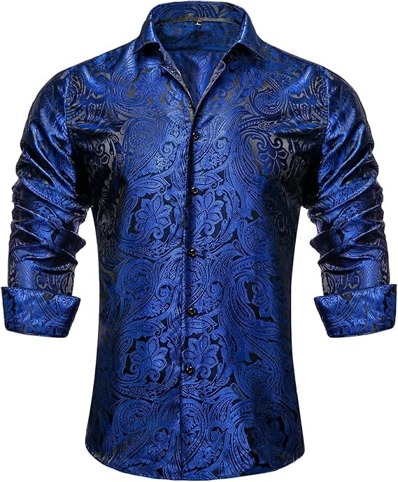 Men's Silk Paisley Dress Shirts,Black Blue Paisley