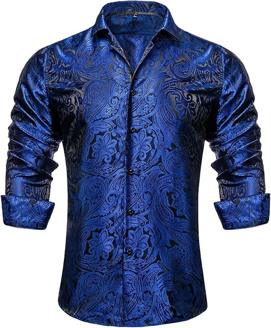 Men's Silk Paisley Dress Shirts,Black Blue Paisley