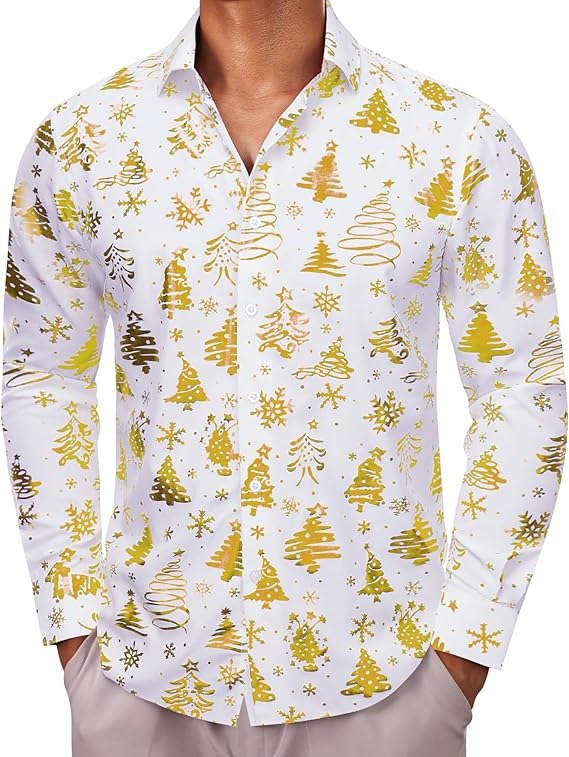 Men's Christmas Dress Shirts Long Sleeve Luxury Shiny Shirt