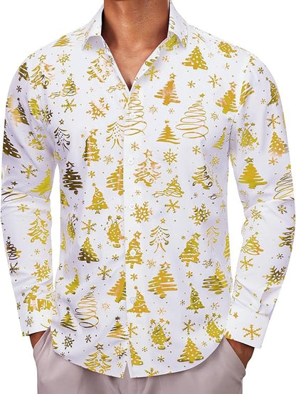 Men's Christmas Dress Shirts Long Sleeve Luxury Shiny Shirt