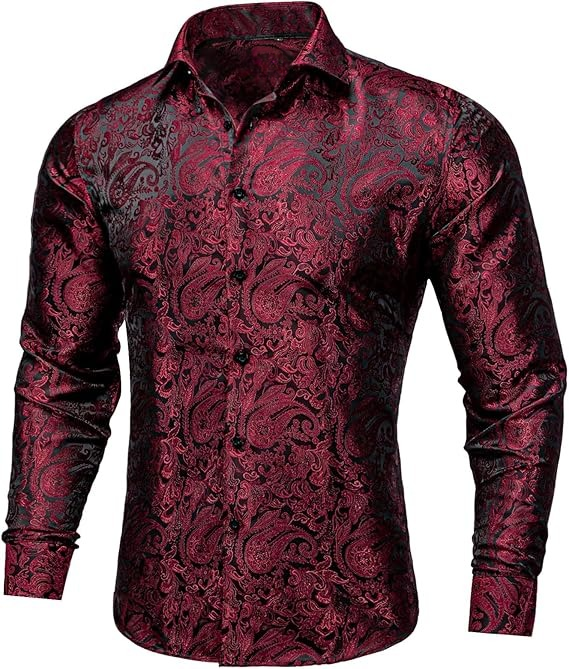Men's Silk Paisley Dress Shirts,Red Black Paisley