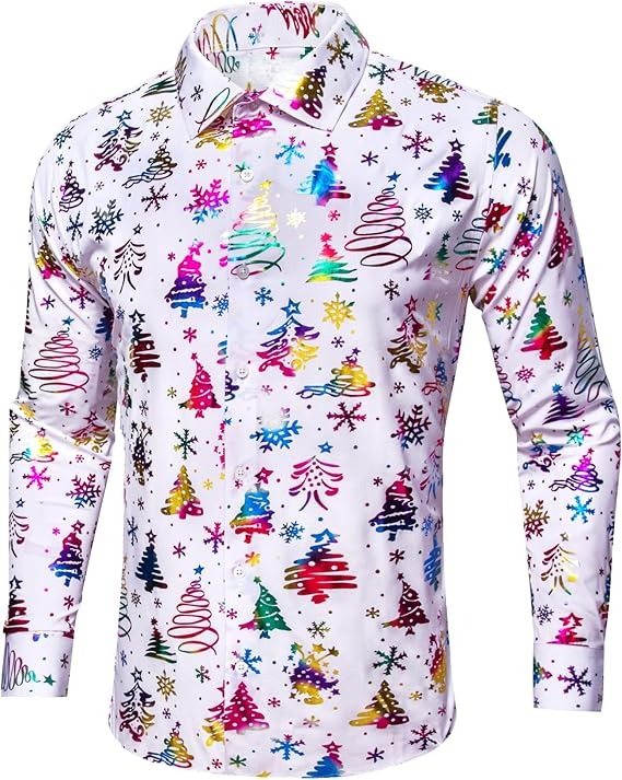 Men's Christmas Dress Shirts Long Sleeve Luxury Shiny Shirt