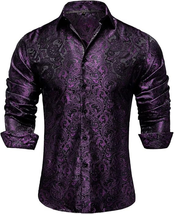 Men's Silk Paisley Dress Shirts,Black Purple