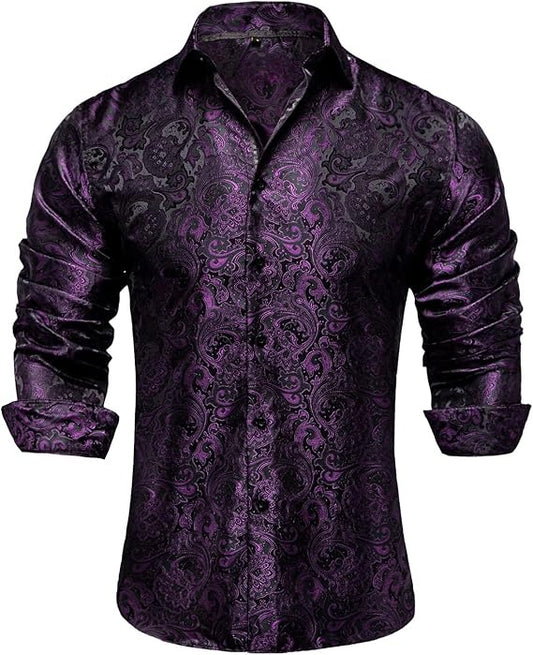 Men's Silk Paisley Dress Shirts,Black Purple