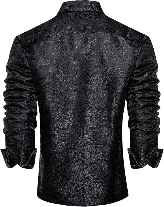 Men's Silk Paisley Dress Shirts,Black Paisley