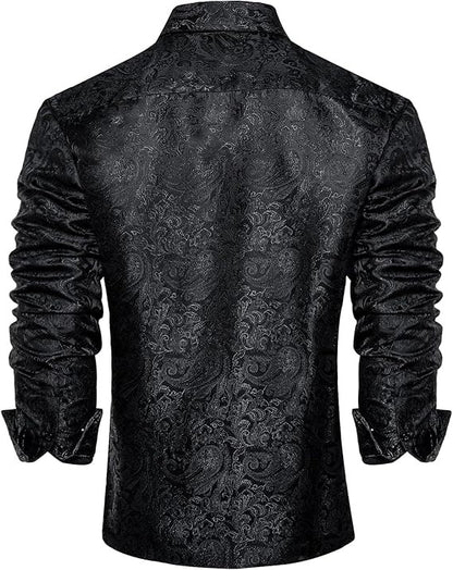 Men's Silk Paisley Dress Shirts,Black Paisley