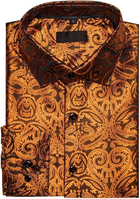 Men's Silk Paisley Dress Shirts,Burnt Orange Paisley