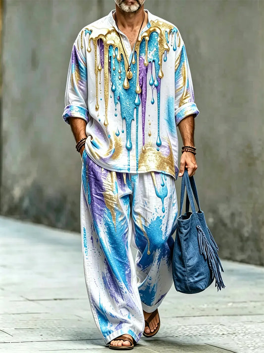 Men's Stylish Abstract Art Print Cotton Shirt Set