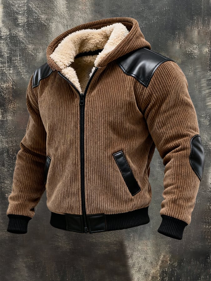 Men's Warm Plush Stitching Contrast Color Hooded Jacket