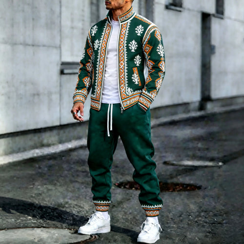 Men's Vintage Jacquard Stand-Collar Jacket and Pants Set