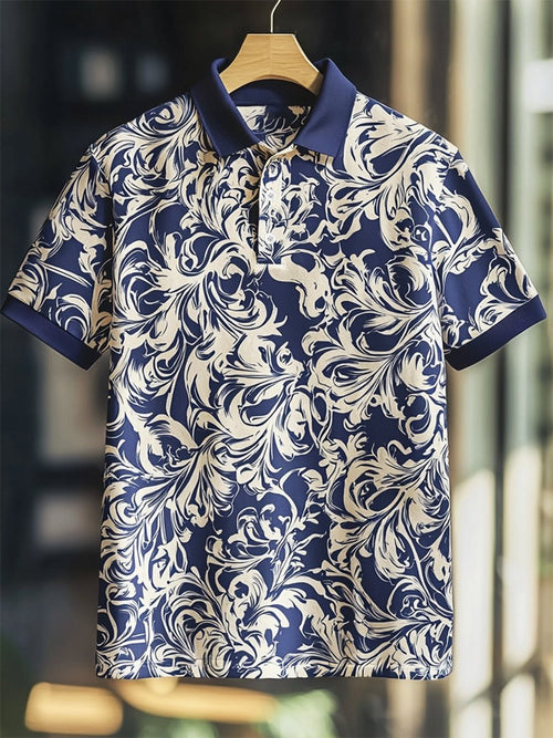 Men's Business Casual Baroque Art Button Short Sleeve Polo Shirt