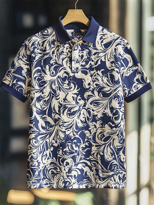 Men's Business Casual Baroque Art Button Short Sleeve Polo Shirt