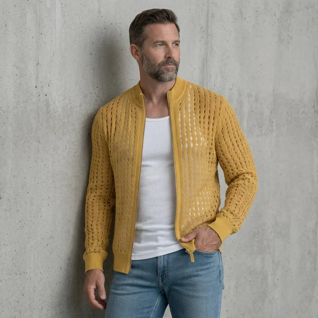 Men's Mustard Yellow Stand Collar Hollow Out Knitted Zip-Up Cardigan