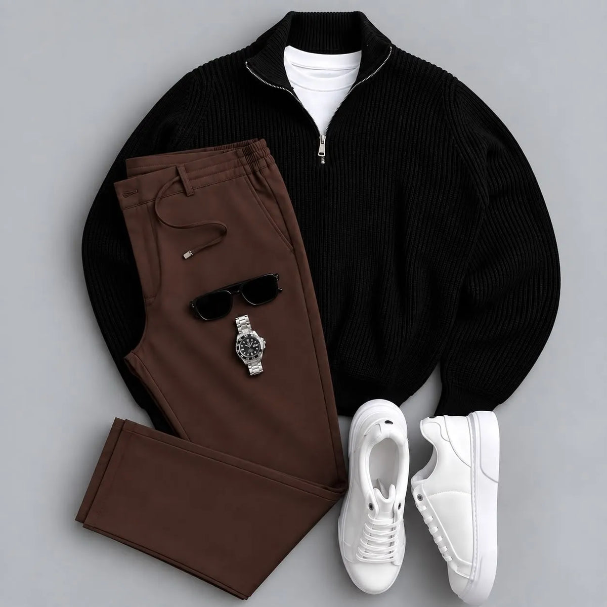 Men's Classic Quarter-Zip Ribbed Knit Sweater & Pants 2-Piece Set