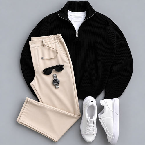 Men's Classic Quarter-Zip Ribbed Knit Sweater & Pants 2-Piece Set