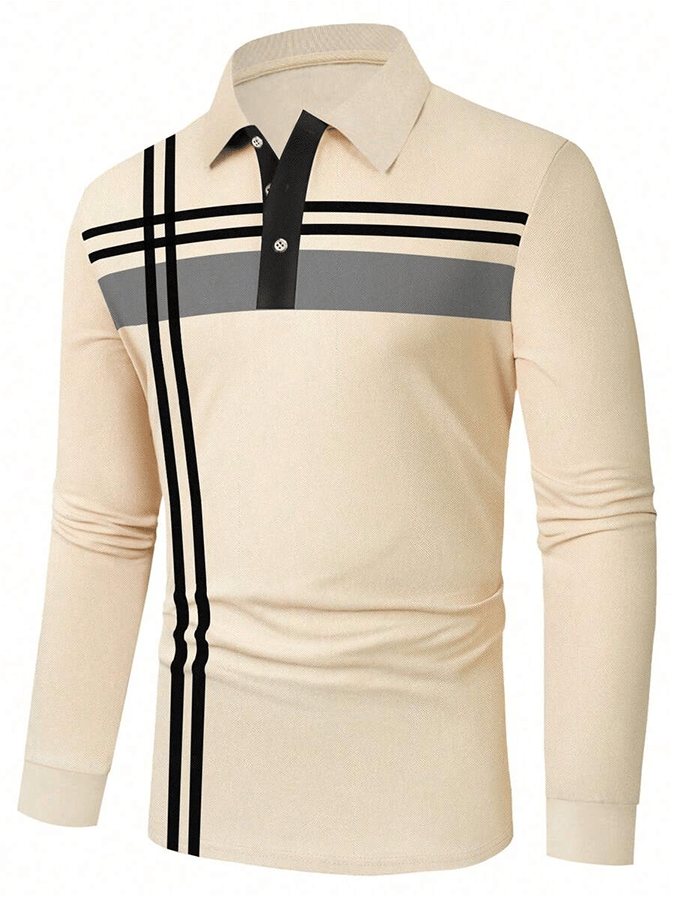 Men's Striped Business Casual Long Sleeve Polo Shirt