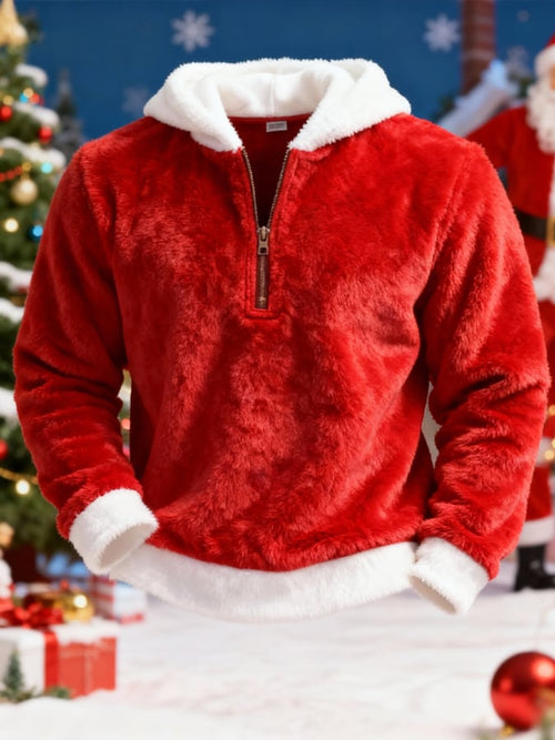 Men's Comfortable Plush Stitching Christmas Warm Zipper Hooded Sweatshirt