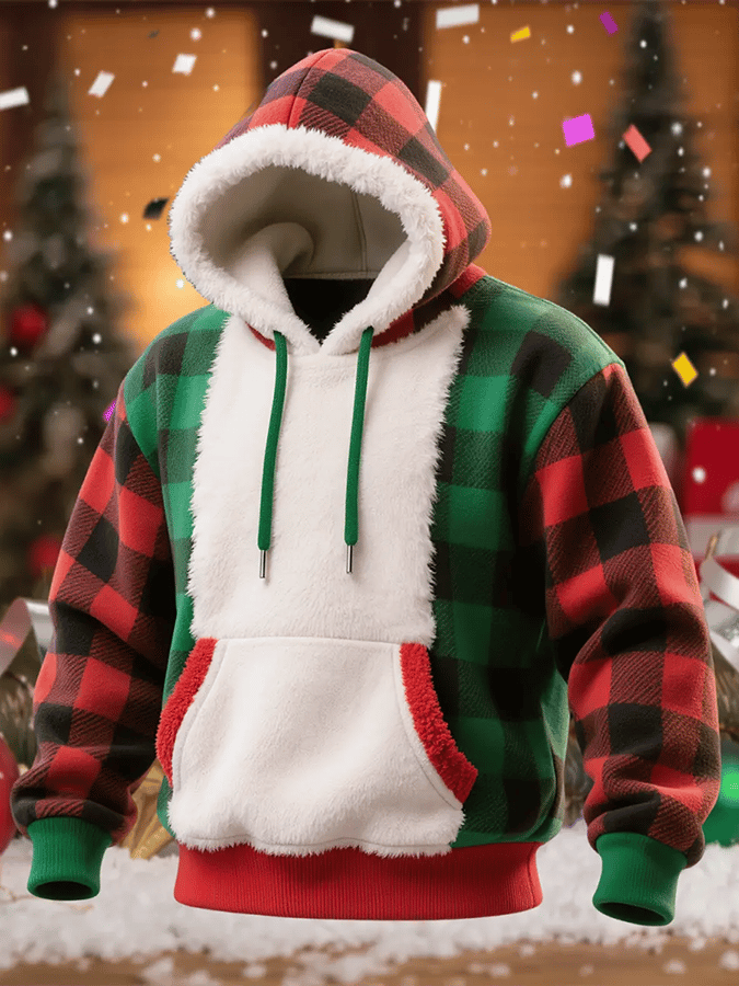Men's Plush Patchwork Christmas Plaid Hooded Sweatshirt