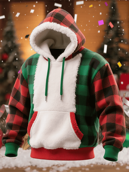 Men's Plush Patchwork Christmas Plaid Hooded Sweatshirt