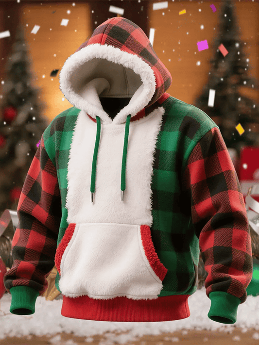 Men's Plush Patchwork Christmas Plaid Hooded Sweatshirt