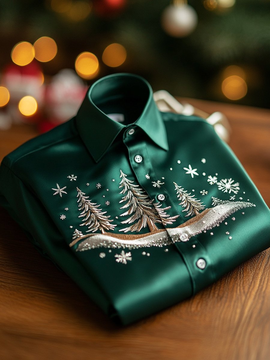 Men's Business Luxury Christmas Pine Tree Snow Scene Long Sleeve Shirt