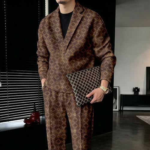 Men's Dark Brown V-Neck Sweatshirt and Pants Two-Piece Set