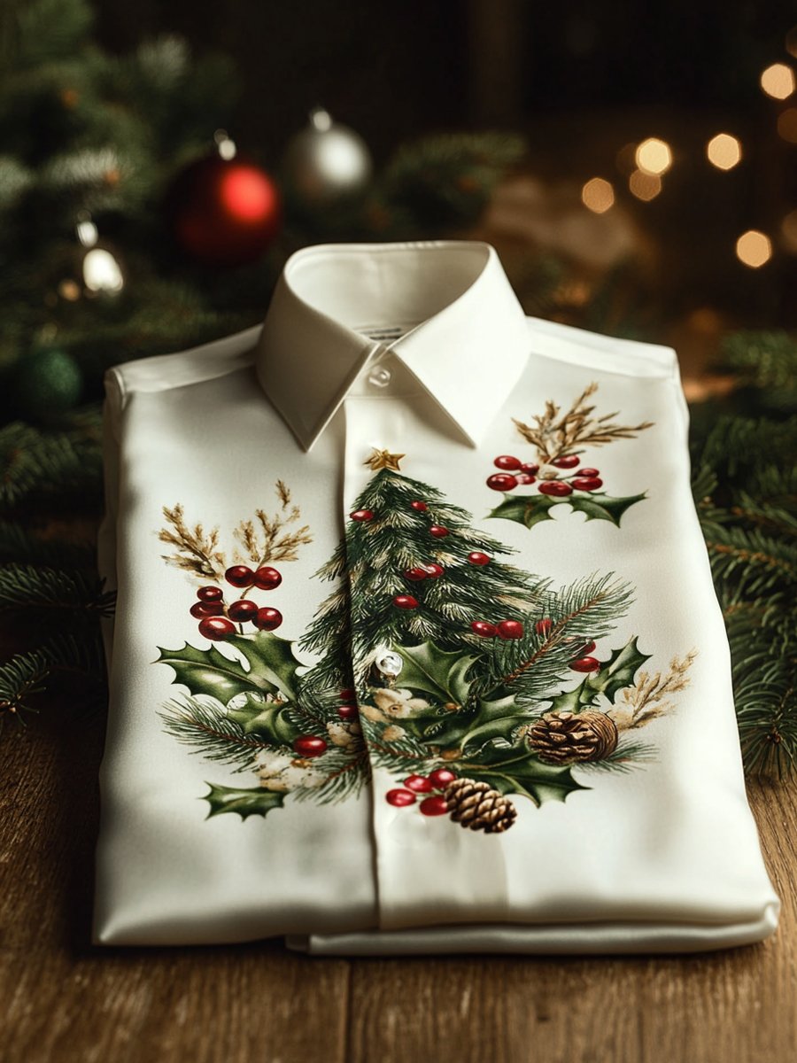 Christmas Men's Business Luxury Holly and Pinecone Long Sleeve Shirt