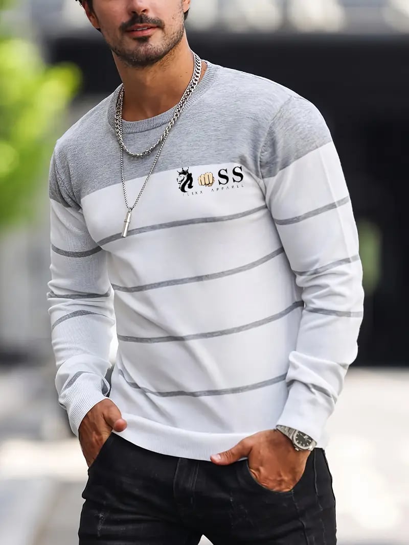 Men's Casual Stripe Round Neck Knit Sweater
